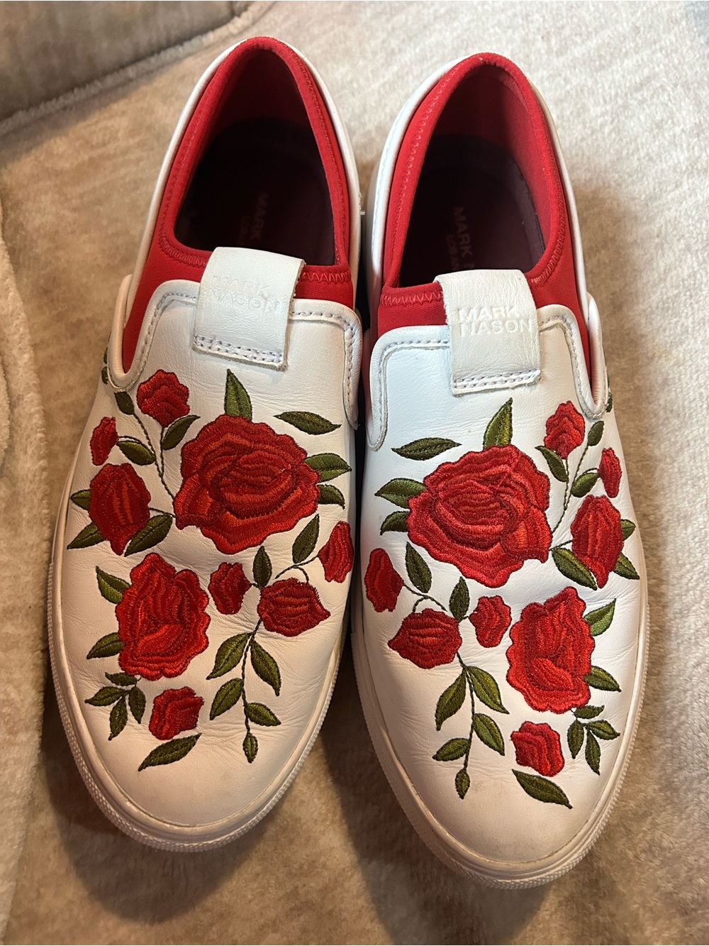 Mark Nason White Slip-On Sneakers with Red Rose Embroidery